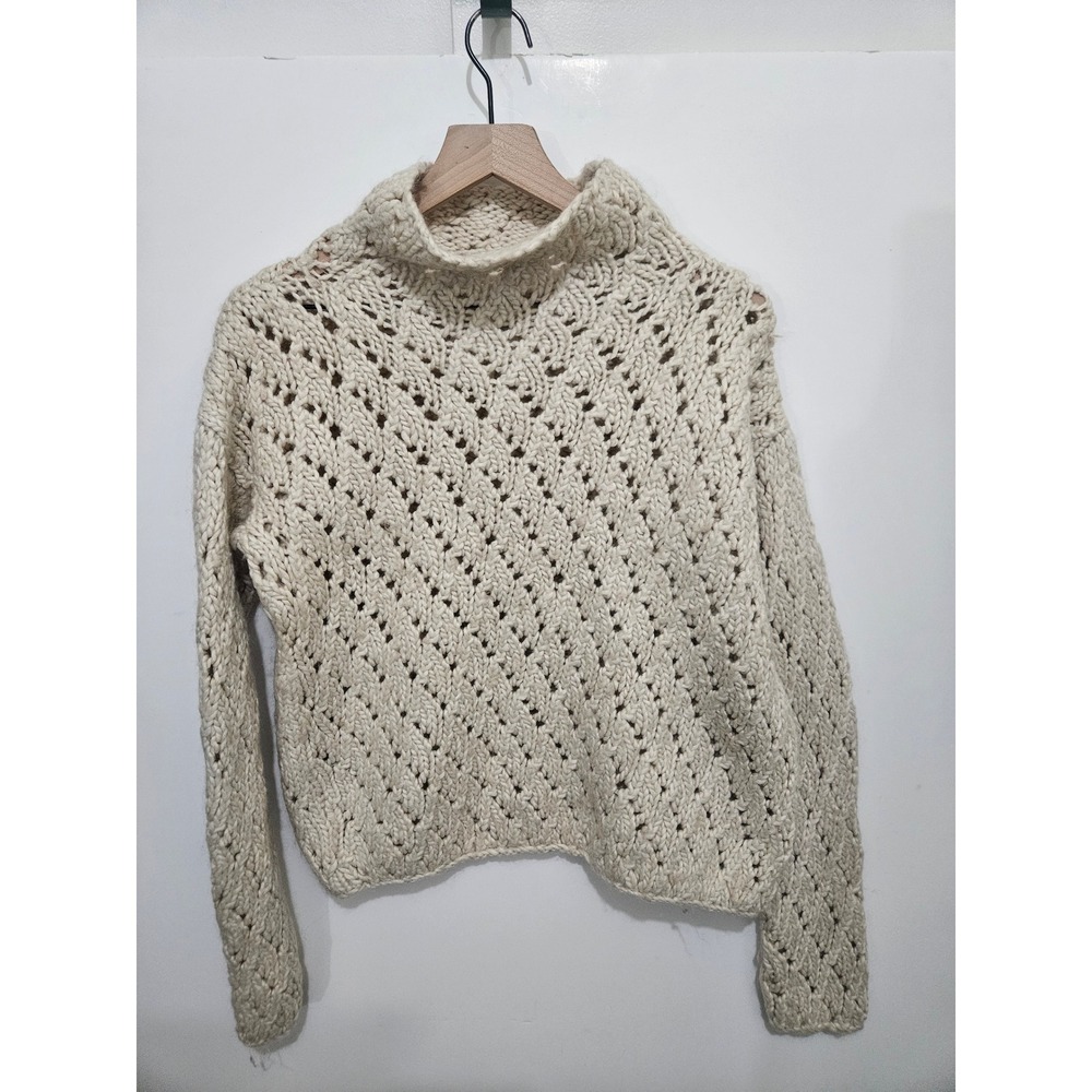 DKNY Pure Womens Cream Wool Blend Chunky Knit Mock Neck Pointelle Sweater Large